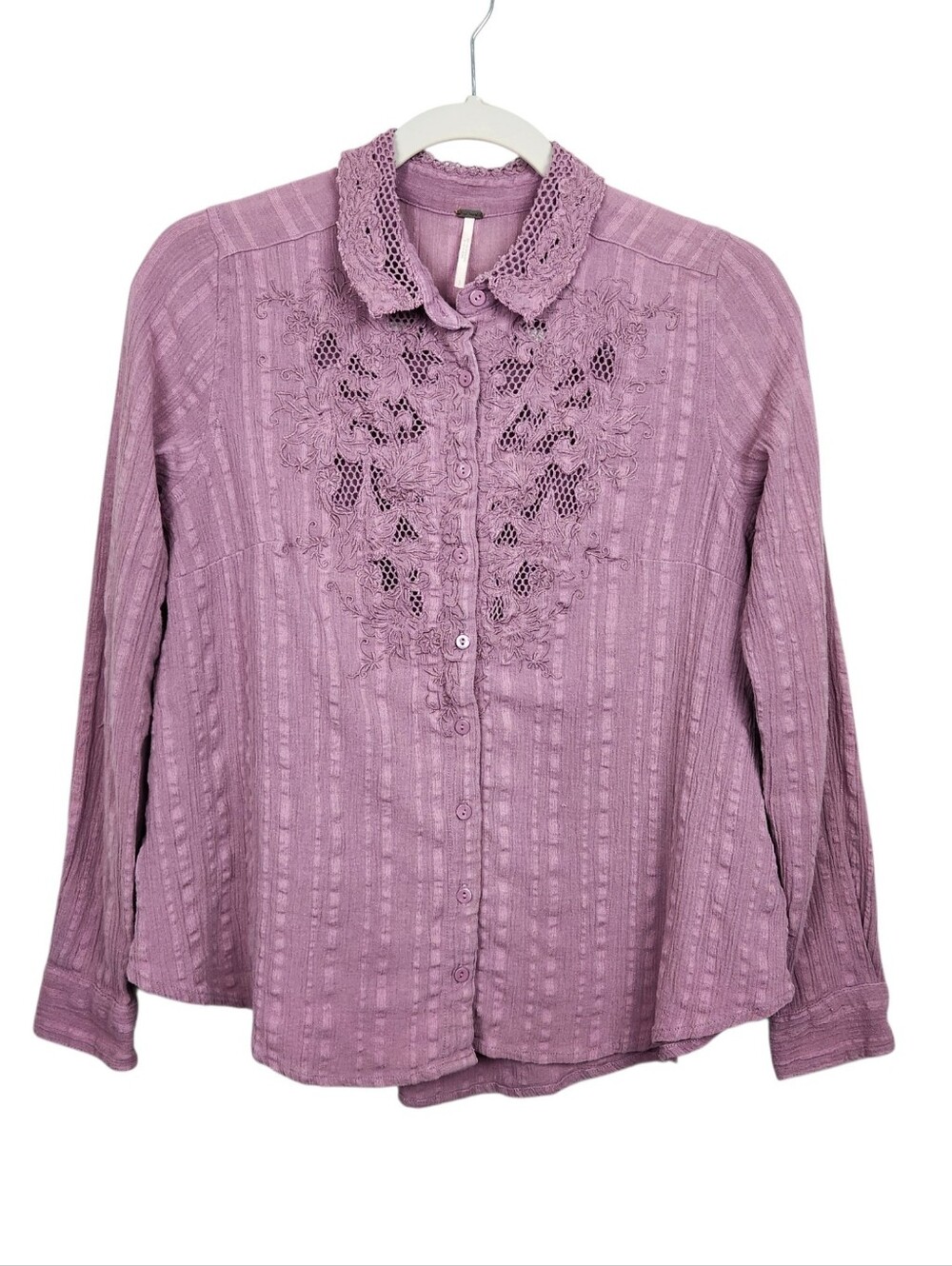 Free People Carter Dobby Purple Button Down Long Sleeve Lace Womens Size Small